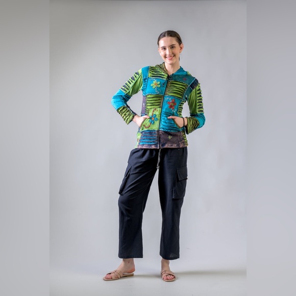 Rhea Pixie Elf Bold Patchwork Boho Hippie Gypsy Flower Jacket Size Large - Picture 3 of 13